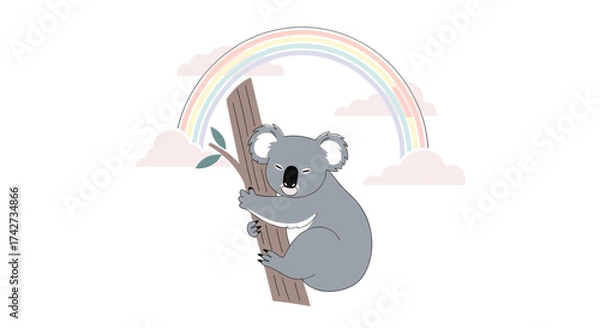 Fototapeta A cute koala climbing a tree under a rainbow and clouds.