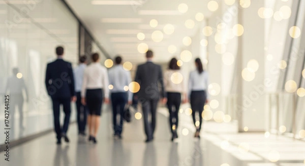 Fototapeta Abstract blur image with business people walking down a modern hallway