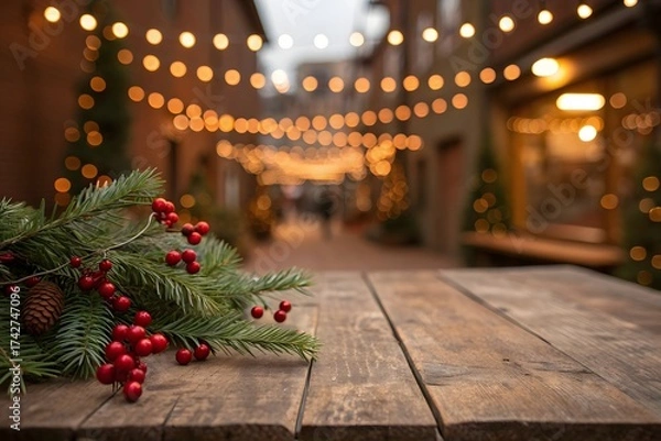 Fototapeta Christmas fir branch with red berries on wooden table with bokeh lights