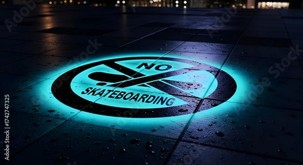 Fototapeta Illuminated No Skateboarding Sign On Wet Pavement At Night, Urban Restrictions