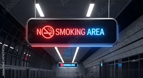 Fototapeta Illuminated No Smoking Area Sign Displayed In Modern Public Transit Station Setting