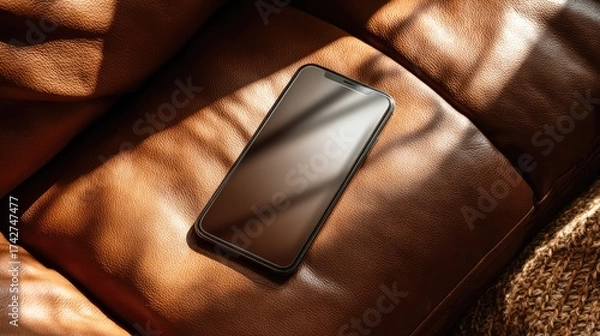 Fototapeta Blank screen smartphone on luxury brown leather couch. Flatlay top view