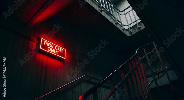 Fototapeta Illuminated Red Sign for Fire Exit in a Dark Building, Staircase Leads Upward