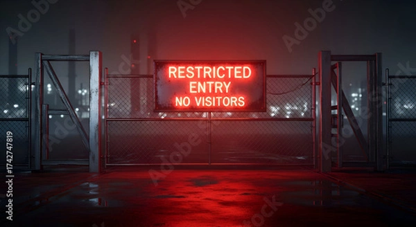 Fototapeta Illuminated Restricted Entry Sign On A Metal Fence Displaying No Visitors In Low Light