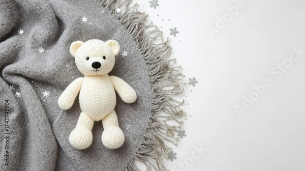 Fototapeta A charming hand-knit bear toy rests on a gray woven throw with fringe details, scattered with decorative snowflake ornaments. The scene evokes feelings of warmth, comfort, and cozy wintertime charm.