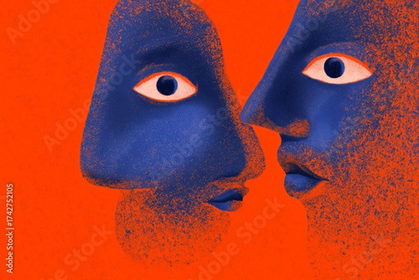 Fototapeta Abstract blue faces on orange background
