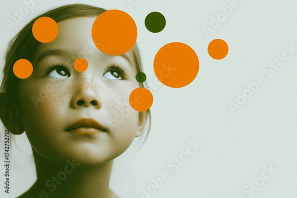 Obraz Child looking up with floating orange circles