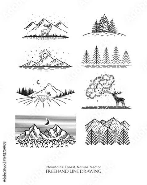 Fototapeta Mountains landscape set. Deer in front of the mountain ridge. Vector line drawing. Starry sky in forest, . Sketch label