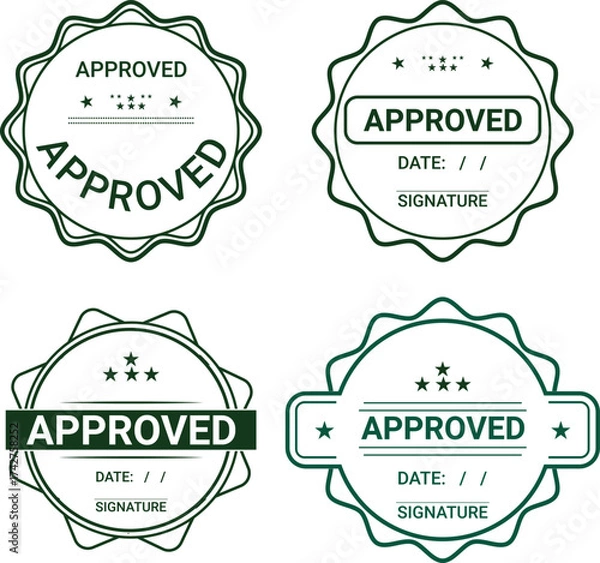 Obraz Approval Rubber Stamp Set with green signature and date 100% editable file	
