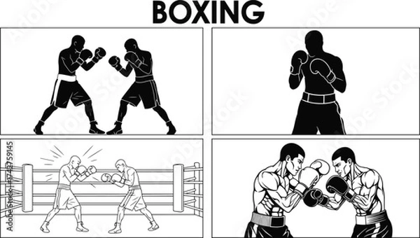 Obraz Boxing illustration, black and white fight scenes, sparring athletes, punch action, defensive stance, combat sport artwork, vintage style, dynamic motion