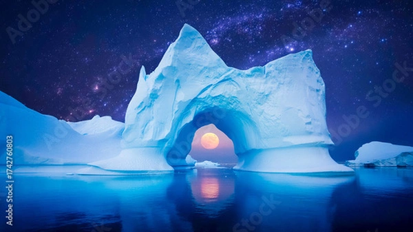 Fototapeta Dramatic moonlit ice arch rises from calm Arctic waters, framed by a star-filled sky. Cool blue tones emphasize the serene, pristine polar wilderness, inviting exploration and awe at nature’s power.