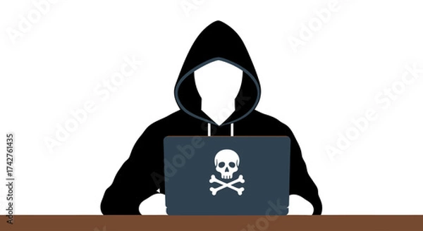 Fototapeta Anonymous hacker in a hoodie working on a laptop with a skull and crossbones, representing cybercrime, data theft, and internet security risks