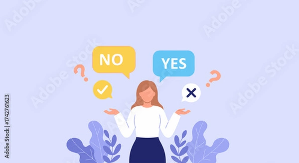 Fototapeta Decision making process, choosing between yes or no with visual cues and thought bubbles