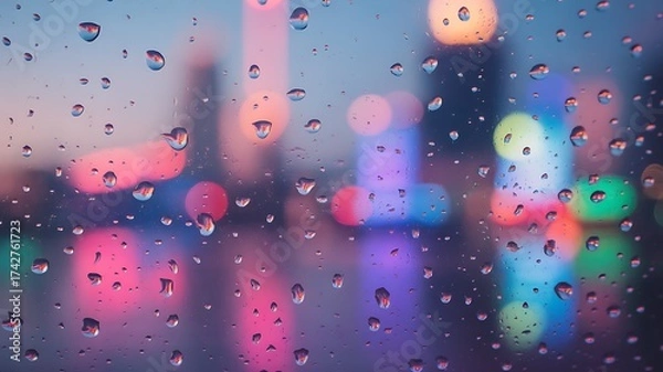 Fototapeta Raindrops on glass glowing with light. Blurred neon city background on a dark and quiet city background at dusk.
