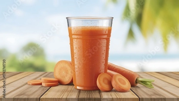 Fototapeta Disposable plastic cups filled with freshly squeezed carrot juice on a wooden table, ideal for advertising natural juices.