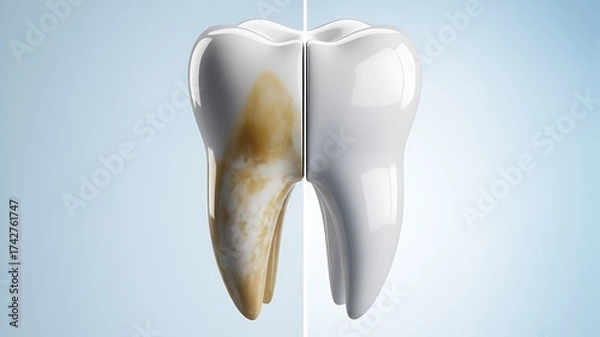 Fototapeta White teeth: The left tooth has a slight yellow stain, while the right tooth is clean and white, suitable for advertising.