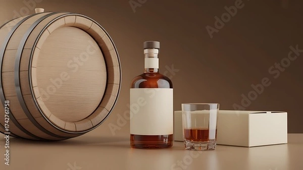 Fototapeta Blank white label liquor bottles and boxes and liquor glasses next to oak barrels.