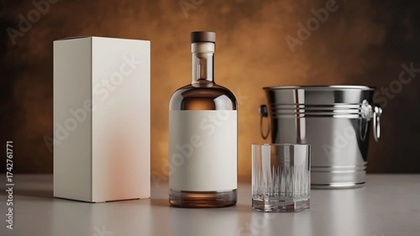 Fototapeta Mockup of a liquor bottle with a blank white label and a box and glasses is placed on a table with an ice bucket next to it.
