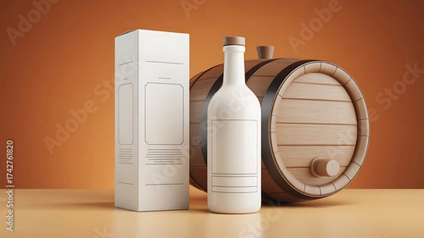 Fototapeta Mockup of a white bottle and box next to an oak barrel.