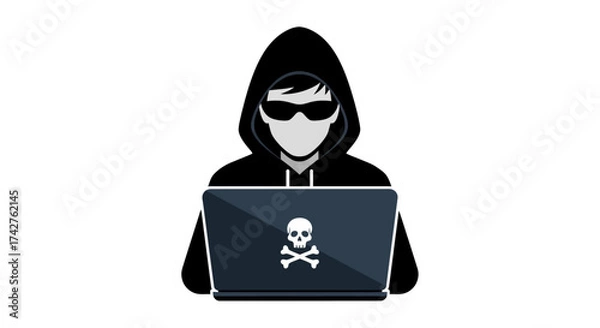 Fototapeta Cybercriminal in a Hoodie with a Laptop Displaying a Skull Icon - Digital Security Threat Concept