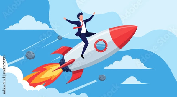 Fototapeta Businessman riding a rocket ship, symbolizing success, rapid growth, and ambitious goals in the business world
