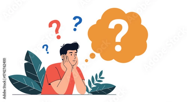 Fototapeta Person sitting and thinking with question marks floating above their head in a thought bubble, representing confusion and problem-solving