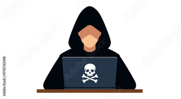 Fototapeta Hacker working on a laptop with a skull and crossbones symbol on the screen