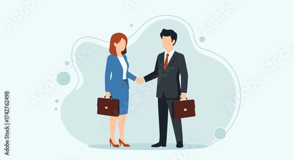 Fototapeta Business handshake between two professionals in suits, signifying partnership and agreement, with briefcases suggesting a successful deal