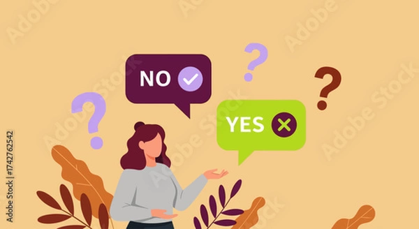 Fototapeta Choosing between YES and NO with question marks and speech bubbles, representing decisions and dilemmas