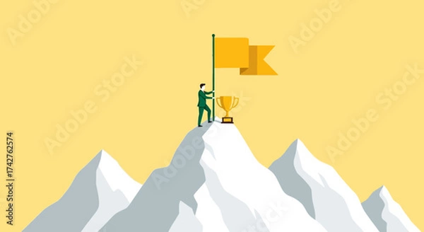 Fototapeta Achieving success by reaching the summit and planting a flag on a snowy mountain peak with a golden trophy at the top, representing victory and accomplishment