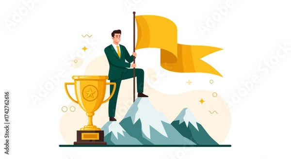 Fototapeta Successful Businessman Standing on Mountain Peak Holding Flag and Trophy, Symbolizing Achievement and Victory