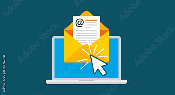 Fototapeta Email marketing concept with laptop, cursor, and open envelope with document and email symbol