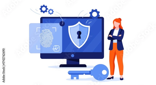 Fototapeta Cybersecurity Concept with Biometric Scan, Shield, and Key for Digital Protection