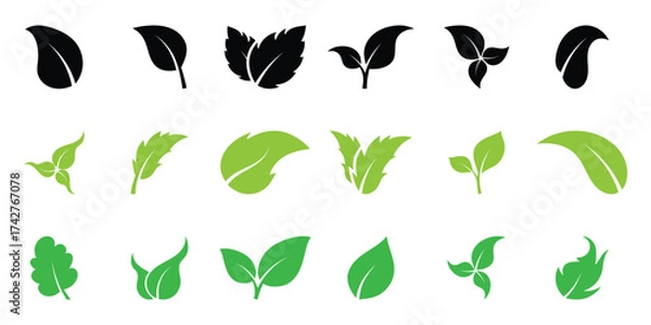 Fototapeta Leaf sprout icon vector set. Green leaves plant eco logo symbol simple graphic illustration set, vegan fresh herb pictogram shape sign, organic natural healthy logotype.