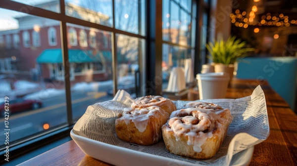 Fototapeta Fresh cinnamon rolls on caf? table by window with blurred street background