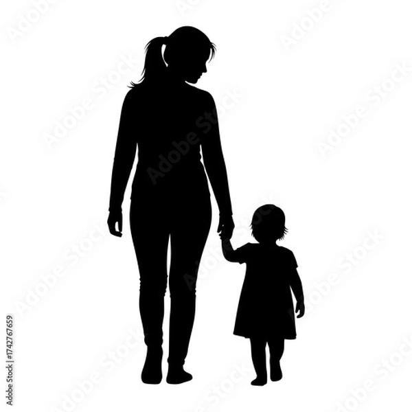 Fototapeta Mother and daughter silhouette walking hand in hand, black and white vector graphic isolated on white background