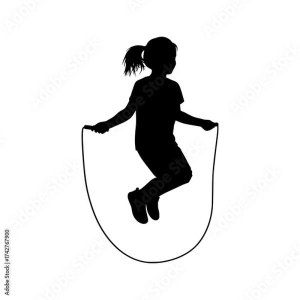 Fototapeta Silhouette of a girl jumping rope, active child exercising, black and white vector graphic illustration