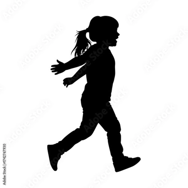 Fototapeta Silhouette of a little girl joyfully running with arms outstretched ponytail and casual clothing isolated on white background
