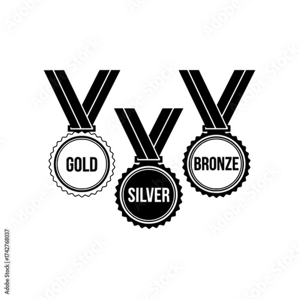 Fototapeta Three award medals set gold silver bronze silhouette icons isolated on white background
