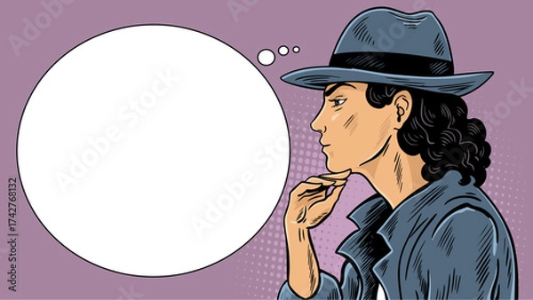 Obraz Woman detective thinking in profile, retro pop art banner with thought bubble