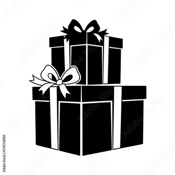 Fototapeta Two stacked gift boxes with ribbons a black silhouette vector graphic illustration isolated on white background perfect for holiday designs