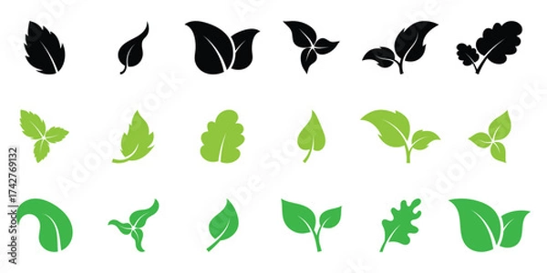 Fototapeta Black and green leaf icon set on white background. Vector isolated leaf icons. Nature leaf icon set. Green leaf icons set.