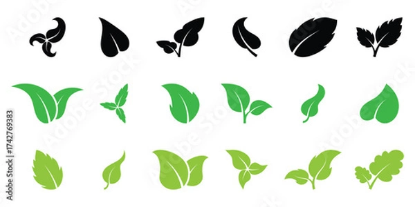 Fototapeta Black and green leaf icon set on white background. Vector isolated leaf icons. Nature leaf icon set. Green leaf icons set.