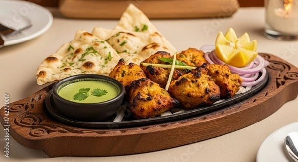 Obraz Chicken tikka with naan bread and mint chutney on a wooden platter