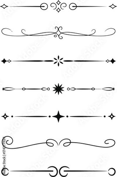 Fototapeta Sophisticated set of black vector decorative line dividers and ornate flourishes for graphic design. Ideal for invitations, documents, and web layouts, adding a classic, elegant aesthetic
