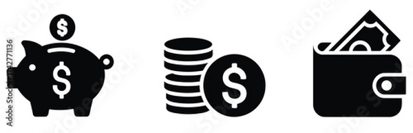 Fototapeta Simple black glyph icons illustrating fundamental economic principles, including a piggy bank for savings, a stack of dollar coins for investment, and a wallet full of cash for personal expenses