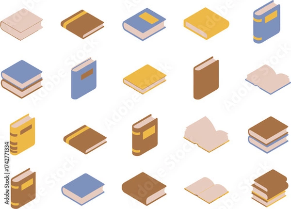 Fototapeta Isometric vector book icon set for educational design. A diverse collection of literature illustrations, library symbols, and knowledge concepts