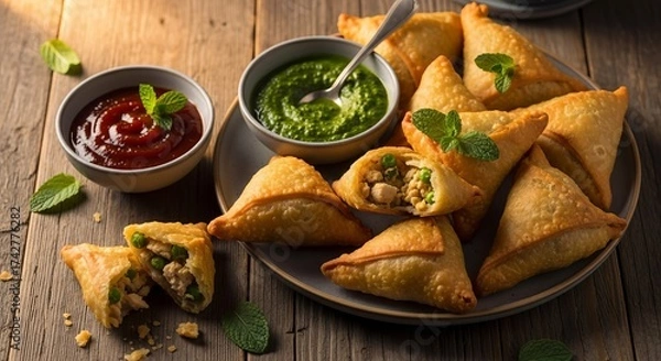 Obraz Delicious samosas with green and red chutney on a wooden table