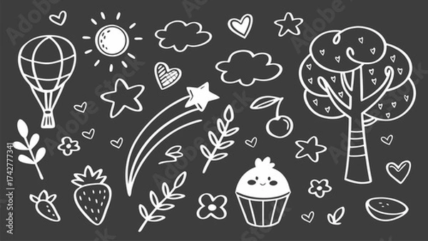 Fototapeta Hand Drawn Cute White Doodle Icons and Sketch Elements on Black Background Including Hearts, Balloons, Flowers, Fruits, and Fun Cartoon Symbols
