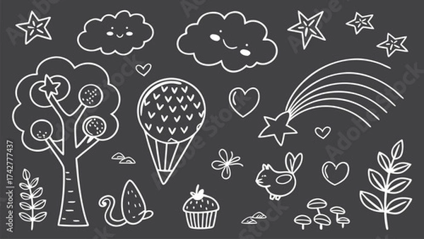 Fototapeta Hand Drawn Cute White Doodle Icons and Sketch Elements on Black Background Including Hearts, Balloons, Flowers, Fruits, and Fun Cartoon Symbols